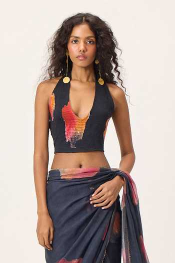 Kharakapas_Blue Kota Doria Halter Neck, Plunge Cherine Floral Painted Saree With Blouse _Online_at_Aza_Fashions