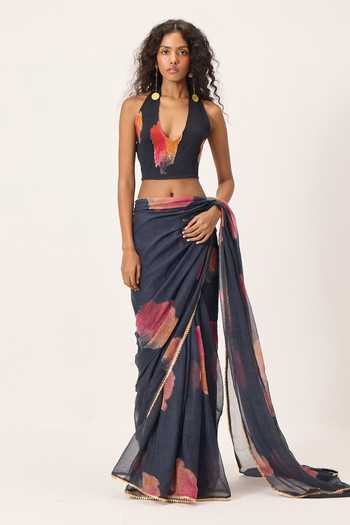 Buy_Kharakapas_Blue Kota Doria Halter Neck, Plunge Cherine Floral Painted Saree With Blouse _Online_at_Aza_Fashions