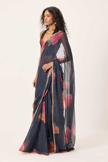 Shop_Kharakapas_Blue Kota Doria Halter Neck, Plunge Cherine Floral Painted Saree With Blouse _Online_at_Aza_Fashions