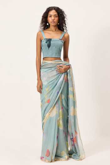 Kharakapas_Sky Blue Kota Doria Square Neck Helen Floral Painted Saree With Blouse _Online_at_Aza_Fashions