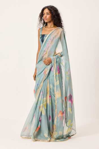 Buy_Kharakapas_Sky Blue Kota Doria Square Neck Helen Floral Painted Saree With Blouse _Online_at_Aza_Fashions