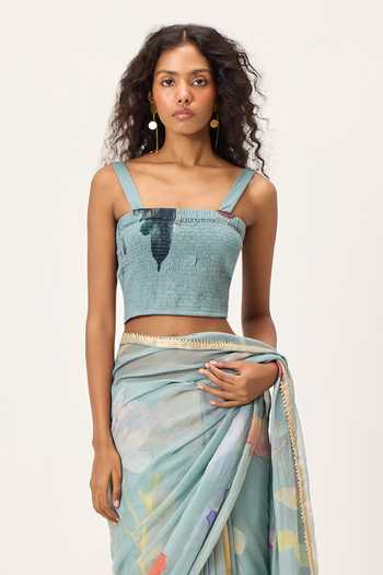Shop_Kharakapas_Sky Blue Kota Doria Square Neck Helen Floral Painted Saree With Blouse _Online_at_Aza_Fashions