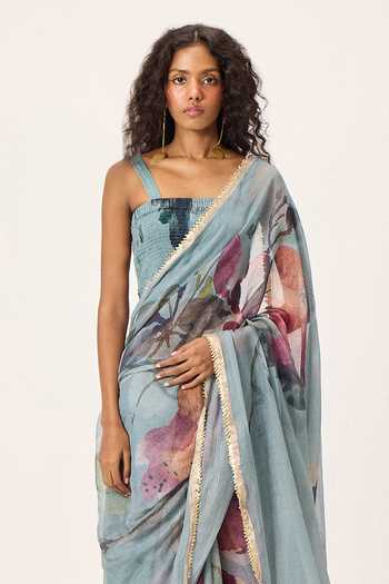Kharakapas Sky Blue Kota Doria Feirosa Floral Painted Saree Online at Aza Fashions Kharakapas_Sky Blue Kota Doria Feirosa Floral Painted Saree _Online_at_Aza_Fashions
