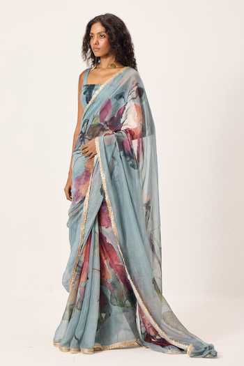 Kharakapas Sky Blue Kota Doria Feirosa Floral Painted Saree at Aza Fashions Kharakapas_Sky Blue Kota Doria Feirosa Floral Painted Saree _at_Aza_Fashions