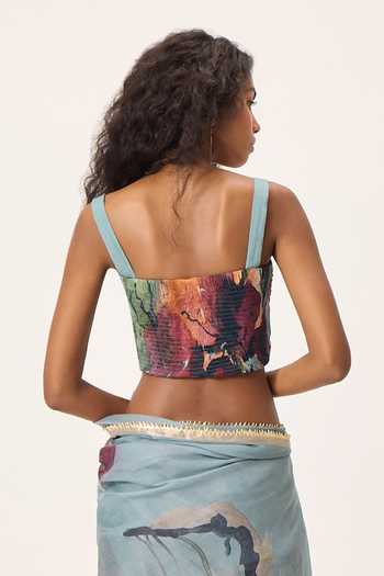 Kharakapas_Sky Blue Kota Doria Square Neck Feirosa Painted Saree With Helen Blouse _Online_at_Aza_Fashions