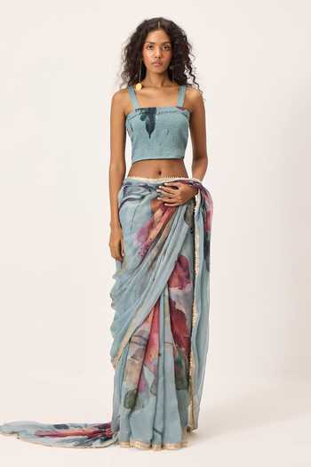 Buy_Kharakapas_Sky Blue Kota Doria Square Neck Feirosa Painted Saree With Helen Blouse _Online_at_Aza_Fashions