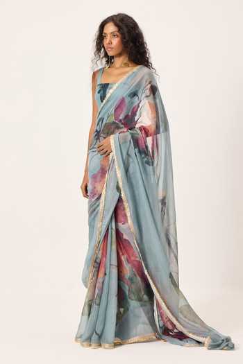Shop_Kharakapas_Sky Blue Kota Doria Square Neck Feirosa Painted Saree With Helen Blouse _Online_at_Aza_Fashions