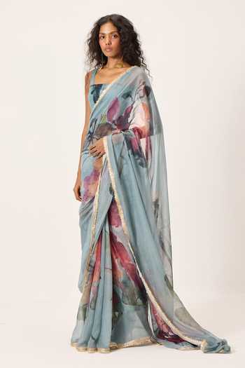 Buy_Kharakapas_Sky Blue Kota Doria Square Neck Feirosa Painted Saree With Helen Blouse 