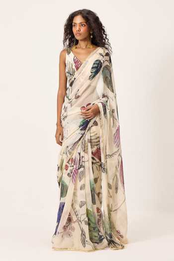 Shop Kharakapas Off White Kota Doria Avery Botanical Painted Saree Online at Aza Fashions Shop_Kharakapas_Off White Kota Doria Avery Botanical Painted Saree _Online_at_Aza_Fashions