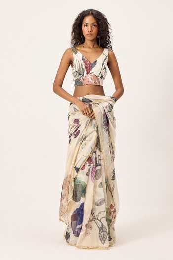 Kharakapas Beige V-neck Avery Botanical Painted Blouse Online at Aza Fashions Kharakapas_Beige V-neck Avery Botanical Painted Blouse _Online_at_Aza_Fashions