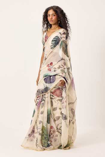 Shop Kharakapas Beige V-neck Avery Botanical Painted Blouse Online at Aza Fashions Shop_Kharakapas_Beige V-neck Avery Botanical Painted Blouse _Online_at_Aza_Fashions