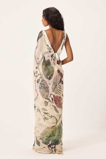 Shop Kharakapas Off White Kota Doria, Muslin V-neck Avery Floral Painted Saree With Blouse Online at Aza Fashions Shop_Kharakapas_Off White Kota Doria, Muslin V-neck Avery Floral Painted Saree With Blouse _Online_at_Aza_Fashions
