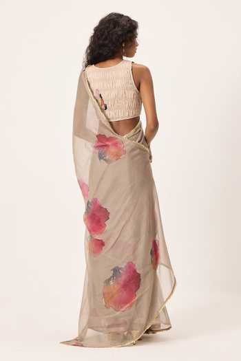 Kharakapas_Beige Kota Doria Halter Neck Elana Floral Painted Saree With Blouse _Online_at_Aza_Fashions