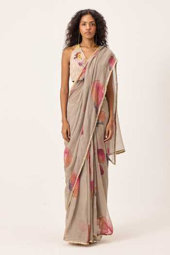 Buy_Kharakapas_Beige Kota Doria Halter Neck Elana Floral Painted Saree With Blouse _Online_at_Aza_Fashions