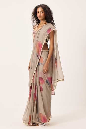 Shop_Kharakapas_Beige Kota Doria Halter Neck Elana Floral Painted Saree With Blouse _Online_at_Aza_Fashions