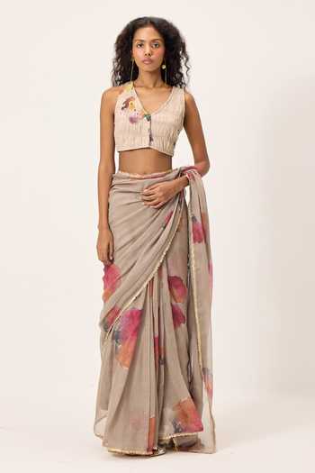 Kharakapas_Beige Kota Doria Halter Neck Elana Floral Painted Saree With Blouse _at_Aza_Fashions