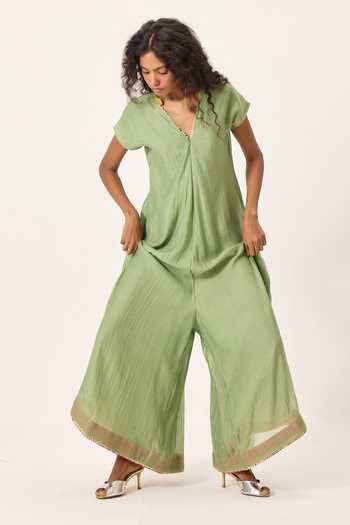 Kharakapas Green Chanderi V-neck Emma Wide Legged Jumpsuit at Aza Fashions Kharakapas_Green Chanderi V-neck Emma Wide Legged Jumpsuit _at_Aza_Fashions