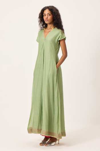 Buy Kharakapas Green Chanderi V-neck Emma Wide Legged Jumpsuit Buy_Kharakapas_Green Chanderi V-neck Emma Wide Legged Jumpsuit