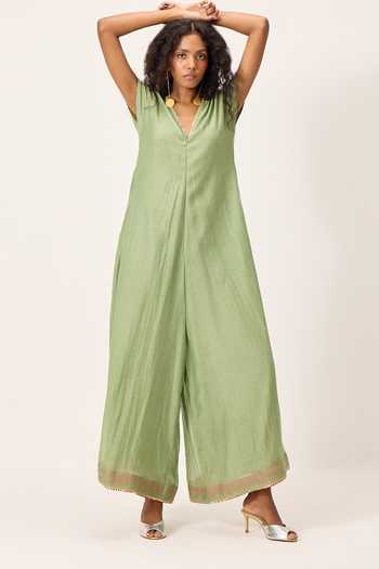Shop Kharakapas Green Chanderi V-neck Emma Wide Legged Jumpsuit Shop_Kharakapas_Green Chanderi V-neck Emma Wide Legged Jumpsuit