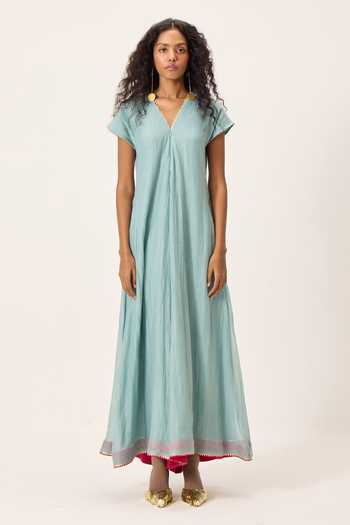Kharakapas_Blue Chanderi V-neck Mira Wide Legged Jumpsuit _Online_at_Aza_Fashions