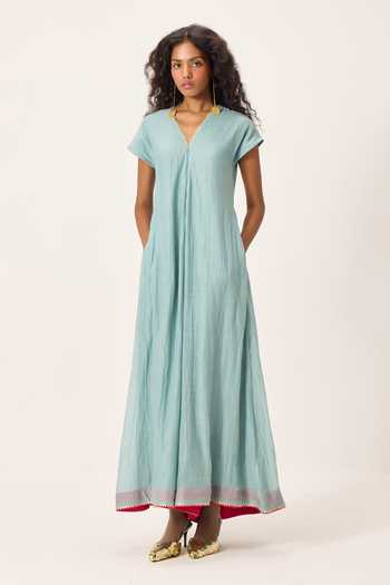 Buy_Kharakapas_Blue Chanderi V-neck Mira Wide Legged Jumpsuit _Online_at_Aza_Fashions