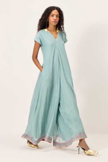 Shop_Kharakapas_Blue Chanderi V-neck Mira Wide Legged Jumpsuit _Online_at_Aza_Fashions