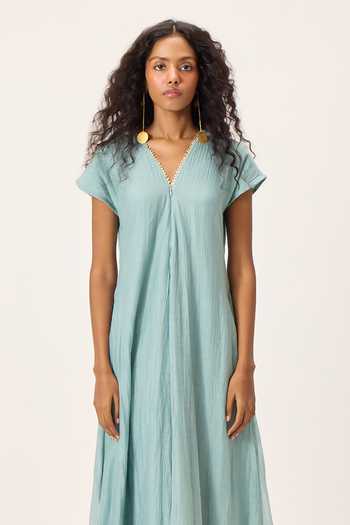 Kharakapas_Blue Chanderi V-neck Mira Wide Legged Jumpsuit _at_Aza_Fashions