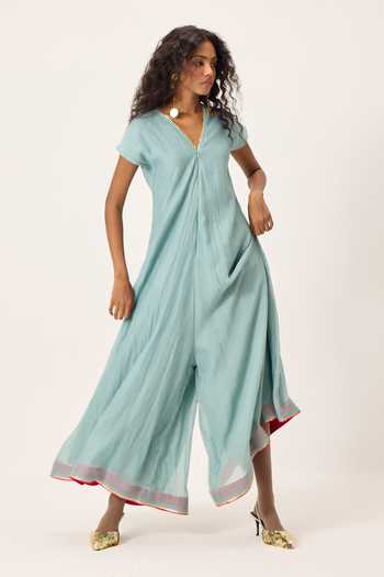 Buy_Kharakapas_Blue Chanderi V-neck Mira Wide Legged Jumpsuit 