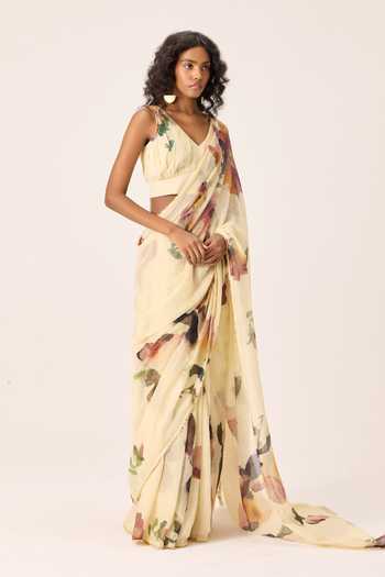 Kharakapas Yellow V-neck Soleil Floral Painted Blouse at Aza Fashions Kharakapas_Yellow V-neck Soleil Floral Painted Blouse _at_Aza_Fashions