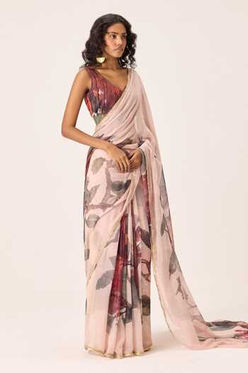 Buy_Kharakapas_Pink Kota Doria Ruya Floral Painted Saree _Online_at_Aza_Fashions