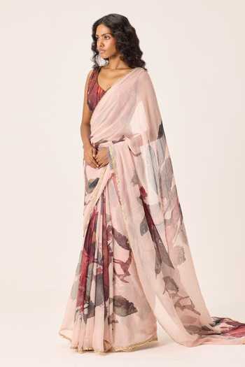Shop_Kharakapas_Pink Kota Doria Ruya Floral Painted Saree _Online_at_Aza_Fashions