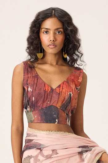 Buy_Kharakapas_Pink Kota Doria V-neck Ruya Floral Painted Saree With Blouse _Online_at_Aza_Fashions