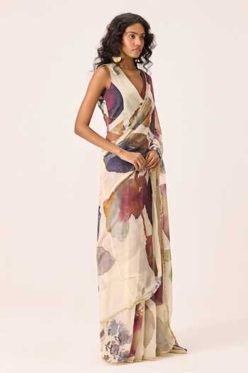 Kharakapas Beige V-neck Elea Waistcoat Style Blouse Online at Aza Fashions Kharakapas_Beige V-neck Elea Waistcoat Style Blouse _Online_at_Aza_Fashions