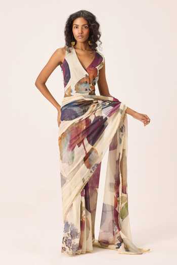 Buy_Kharakapas_Off White Kota Doria V-neck Elea Floral Painted Saree With Blouse _Online_at_Aza_Fashions