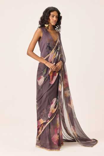 Shop_Kharakapas_Brown V-neck Inara Waistcoat Style Blouse _Online_at_Aza_Fashions