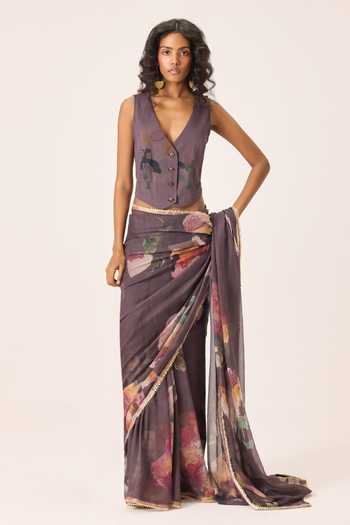 Shop_Kharakapas_Purple Kota Doria V-neck Inara Floral Painted Saree With Blouse _Online_at_Aza_Fashions
