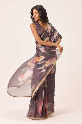 Shop_Kharakapas_Purple Kota Doria V-neck Inara Floral Painted Saree With Blouse 