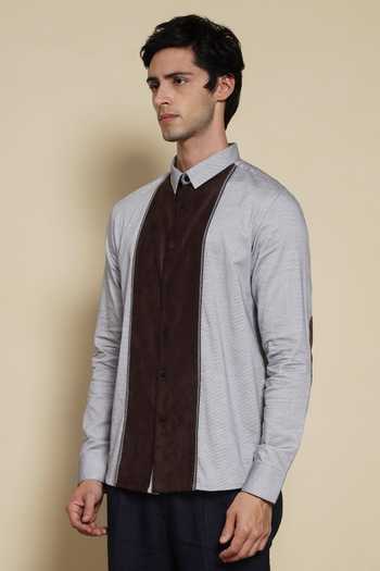 Lacquer Embassy Brown Cotton, Faux Leather The Quiet Table Panelled Shirt Online at Aza Fashions Lacquer Embassy_Brown Cotton, Faux Leather The Quiet Table Panelled Shirt _Online_at_Aza_Fashions