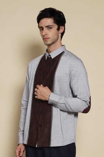 Buy Lacquer Embassy Brown Cotton, Faux Leather The Quiet Table Panelled Shirt Online at Aza Fashions Buy_Lacquer Embassy_Brown Cotton, Faux Leather The Quiet Table Panelled Shirt _Online_at_Aza_Fashions
