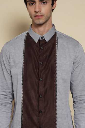 Shop Lacquer Embassy Brown Cotton, Faux Leather The Quiet Table Panelled Shirt Online at Aza Fashions Shop_Lacquer Embassy_Brown Cotton, Faux Leather The Quiet Table Panelled Shirt _Online_at_Aza_Fashions