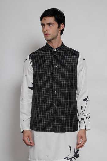 Lacquer Embassy Black Cotton, Viscose, Rayon Mehr Bundi And Kurta Set at Aza Fashions Lacquer Embassy_Black Cotton, Viscose, Rayon Mehr Bundi And Kurta Set _at_Aza_Fashions