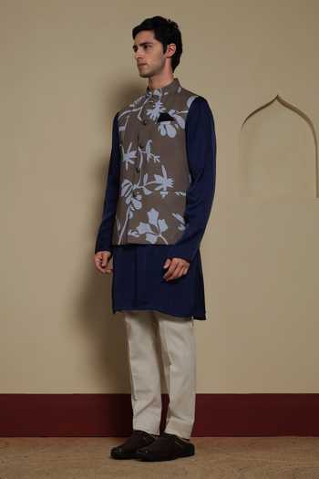Lacquer Embassy Blue Cotton, Satin The Vantaara Bundi And Kurta Set at Aza Fashions Lacquer Embassy_Blue Cotton, Satin The Vantaara Bundi And Kurta Set _at_Aza_Fashions