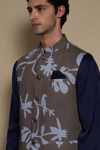 Shop Lacquer Embassy Blue Cotton, Satin The Vantaara Bundi And Kurta Set Shop_Lacquer Embassy_Blue Cotton, Satin The Vantaara Bundi And Kurta Set