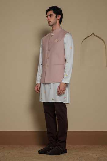 Shop Lacquer Embassy Pink Cotton, Viscose Vasant Bundi And Kurta Set Online at Aza Fashions Shop_Lacquer Embassy_Pink Cotton, Viscose Vasant Bundi And Kurta Set _Online_at_Aza_Fashions