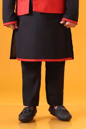 Minikin_Red Handloom Cotton Scooter Embroidered Nehru Jacket Set _Online_at_Aza_Fashions