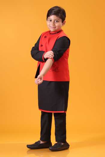 Buy_Minikin_Red Handloom Cotton Scooter Embroidered Nehru Jacket Set _Online_at_Aza_Fashions