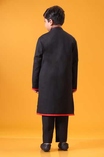Minikin_Red Handloom Cotton Scooter Embroidered Nehru Jacket Set _at_Aza_Fashions