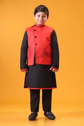 Buy_Minikin_Red Handloom Cotton Scooter Embroidered Nehru Jacket Set 