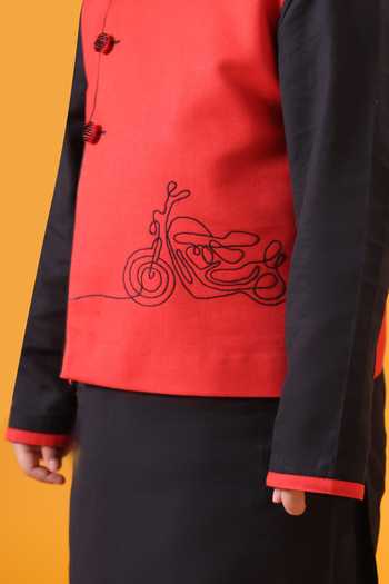 Shop_Minikin_Red Handloom Cotton Scooter Embroidered Nehru Jacket Set 