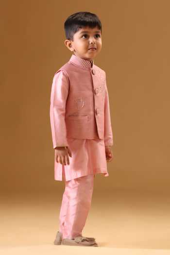 Minikin_Pink Silk Rose Embroidered Nehru Jacket Set _Online_at_Aza_Fashions
